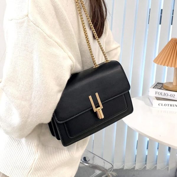 Top Band Faux Leather Crossbody Bag - Black - Image 3