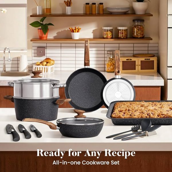 Kitchen Academy Bakeware and Cookware Set - 30 Piece Hob Pans and Pots Set Non Stick, Black Granite - Image 2