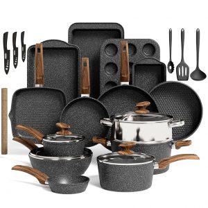 Kitchen Academy Bakeware and Cookware Set - 30 Piece Hob Pans and Pots Set Non Stick, Black Granite