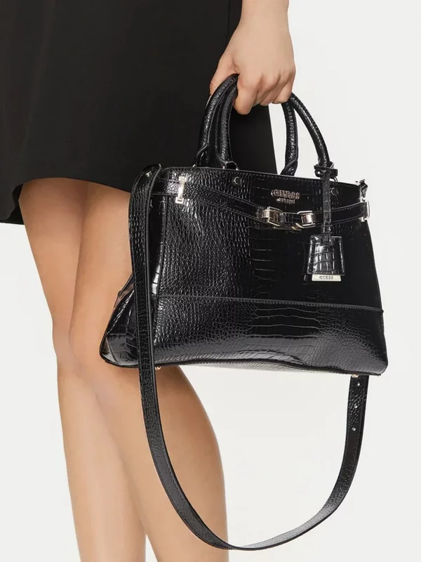 GUESS Silvye Luxury Black Moc Croc Satchel Bag - Image 3