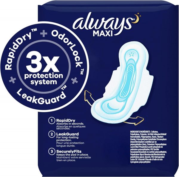 Always Maxi Overnight Pads with Wings, Size 5, Extra Heavy Overnight, Unscented - 72 Pads - Image 2